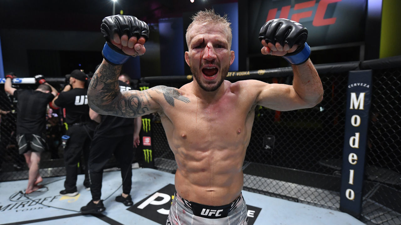 LAS VEGAS, NEVADA - JULY 24: T.J. Dillashaw reacts after his split-decision victory over Corey Sandhagen in their bantamweight fight during the UFC Fight Night event at UFC APEX on July 24, 2021 in Las Vegas, Nevada.