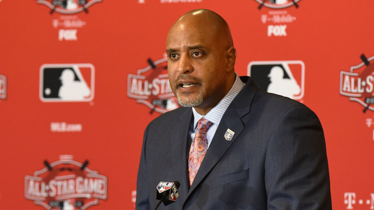 CINCINNATI, OH - JULY 13: Executive Director of the Major League Baseball Players Association Tony Clark talks to reporters during the MLB All Star Media Availability Day at the Westin Cincinnati Hotel on July 13, 2015 in Cincinnati, Ohio.
