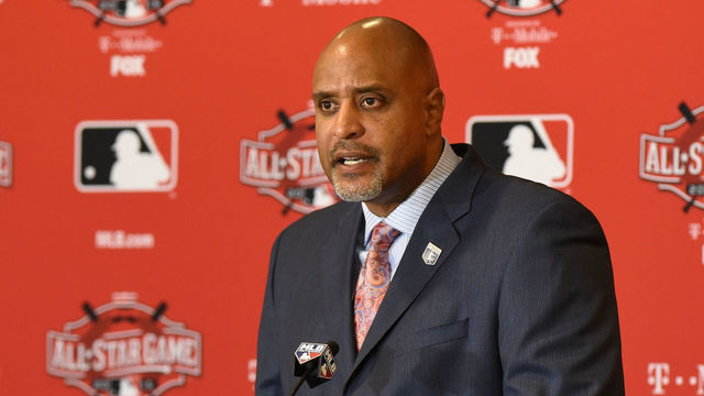 CINCINNATI, OH - JULY 13: Executive Director of the Major League Baseball Players Association Tony Clark talks to reporters during the MLB All Star Media Availability Day at the Westin Cincinnati Hotel on July 13, 2015 in Cincinnati, Ohio.