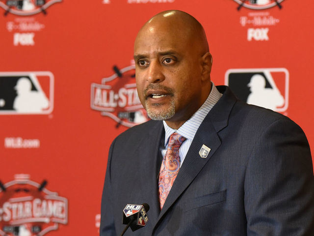 CINCINNATI, OH - JULY 13: Executive Director of the Major League Baseball Players Association Tony Clark talks to reporters during the MLB All Star Media Availability Day at the Westin Cincinnati Hotel on July 13, 2015 in Cincinnati, Ohio.