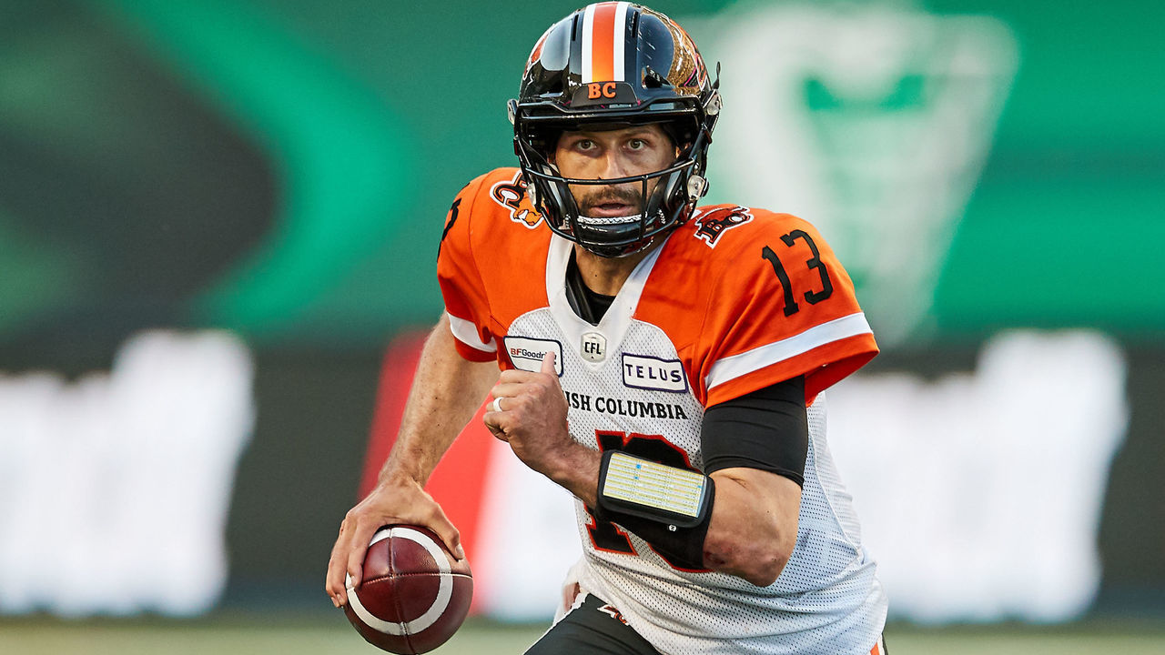 REGINA, SK - JULY 20: Mike Reilly #13 of the BC Lions scrambles with the ball in the game between the BC Lions and Saskatchewan Roughriders at Mosaic Stadium on July 20, 2019 in Regina, Canada.