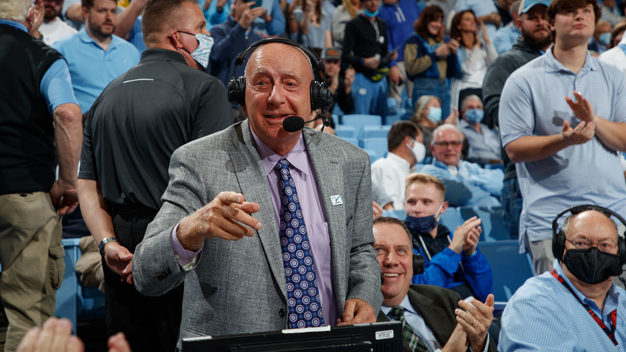 CHAPEL HILL, NC - DECEMBER 01: ESPN color analyst Dick Vitale calls a North Carolina Tar Heels versus Michigan Wolverines game. The Tar Heels won 72-51 at the Dean E. Smith Center on December 1, 2021 in Chapel Hill, North Carolina.