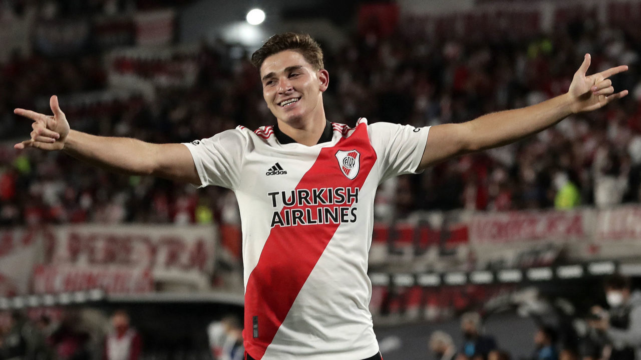 River Plate's forward Julian Alvarez celebrates after scoring the team's second goal against Racing Club during their Argentine Professional Football League match at the Monumental stadium in Buenos Aires, on November 25, 2021.