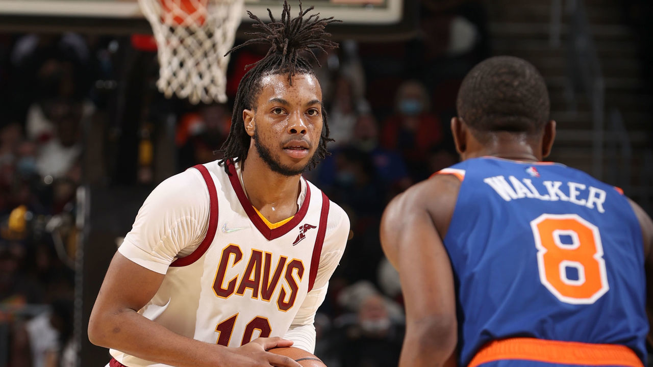 CLEVELAND, OH - JANUARY 24: Darius Garland #10 of the Cleveland Cavaliers dribbles the ball during the game against the New York Knicks on January 24, 2022 at Rocket Mortgage FieldHouse in Cleveland, Ohio. NOTE TO USER: User expressly acknowledges and agrees that, by downloading and/or using this Photograph, user is consenting to the terms and conditions of the Getty Images License Agreement. Mandatory Copyright Notice: Copyright 2022 NBAE