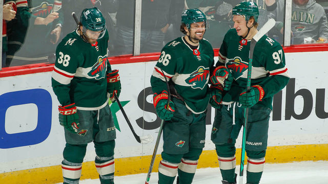 SAINT PAUL, MN - JANUARY 24: Mats Zuccarello #36 celebrates his goal with teammates Ryan Hartman #38 and Kirill Kaprizov #97 of the Minnesota Wild against the Montreal Canadiens during the game at the Xcel Energy Center on January 24, 2022 in Saint Paul, Minnesota.