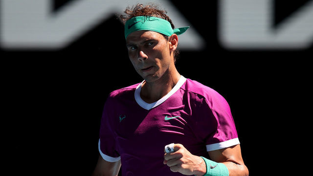MELBOURNE, AUSTRALIA - JANUARY 25: Rafael Nadal of Spain reacts in his Men's Singles Quarterfinals match against Denis Shapovalov of Canada during day nine of the 2022 Australian Open at Melbourne Park on January 25, 2022 in Melbourne, Australia.