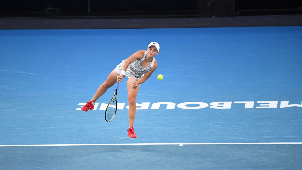 MELBOURNE, AUSTRALIA - JANUARY 25: Ashleigh Barty of Australia in action against Jessica Pegula (not seen) of USA during their women's singles match of the Australian Open Tennis Tournament at Melbourne Park in Melbourne, Australia on January 25, 2022. Barty beat her opponent Pegula with 2-0 and advanced to the semi-final.