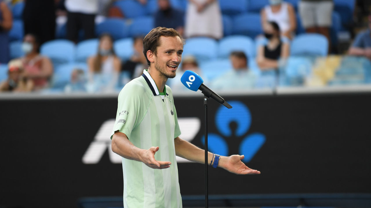 MELBOURNE, AUSTRALIA - JANUARY 24: Daniil Medvedev of Russia speaks after his match against Maxime Cressy (not seen) of United States at the Australian Open Grand Slam tennis tournament at Melbourne Park, in Melbourne, Australia on January 24, 2022.
