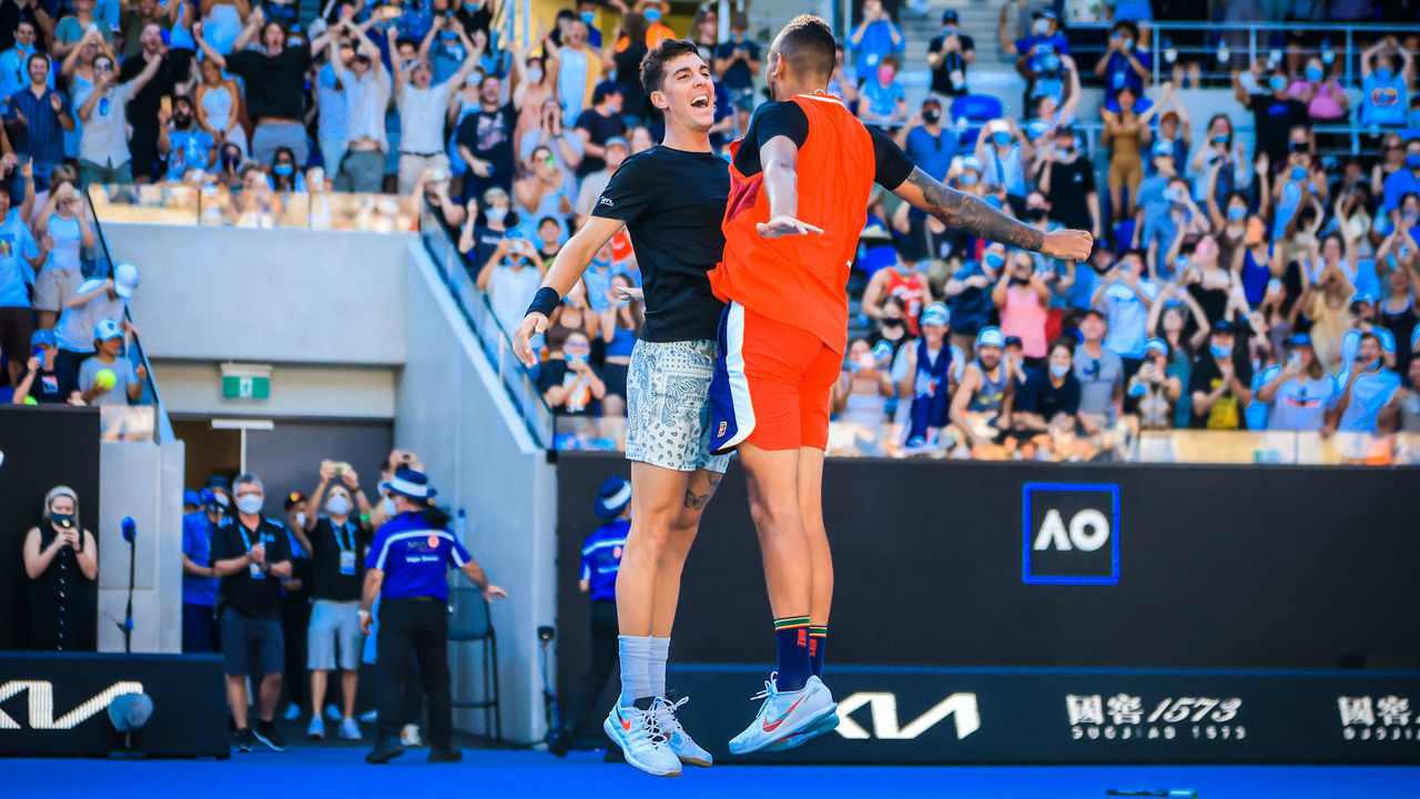 MELBOURNE, AUSTRALIA - JANUARY 25: Thanasi Kokkinakis and Nick Kyrgios play against Tim Puetz and Mark Venus on day 9 of the 2022 Australian Open at Melbourne Park on January 25, 2022 in Melbourne, Australia.