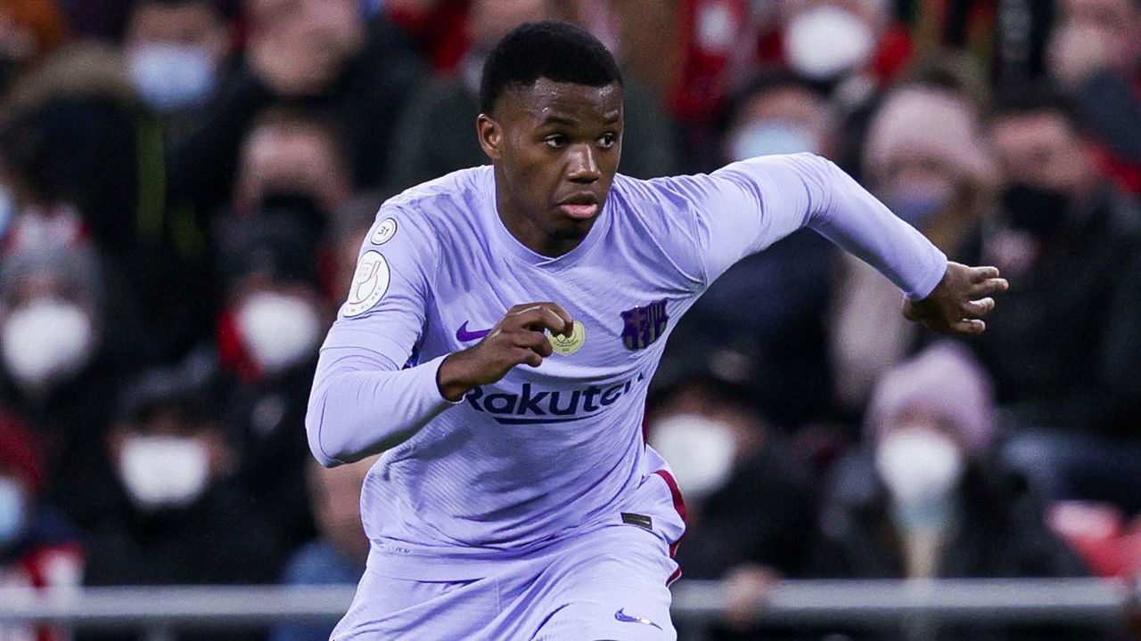 BILBAO, SPAIN - JANUARY 20: Ansu Fati of FC Barcelona during the Spanish Copa del Rey match between Athletic de Bilbao v FC Barcelona at the Estadio San Mames on January 20, 2022 in Bilbao Spain