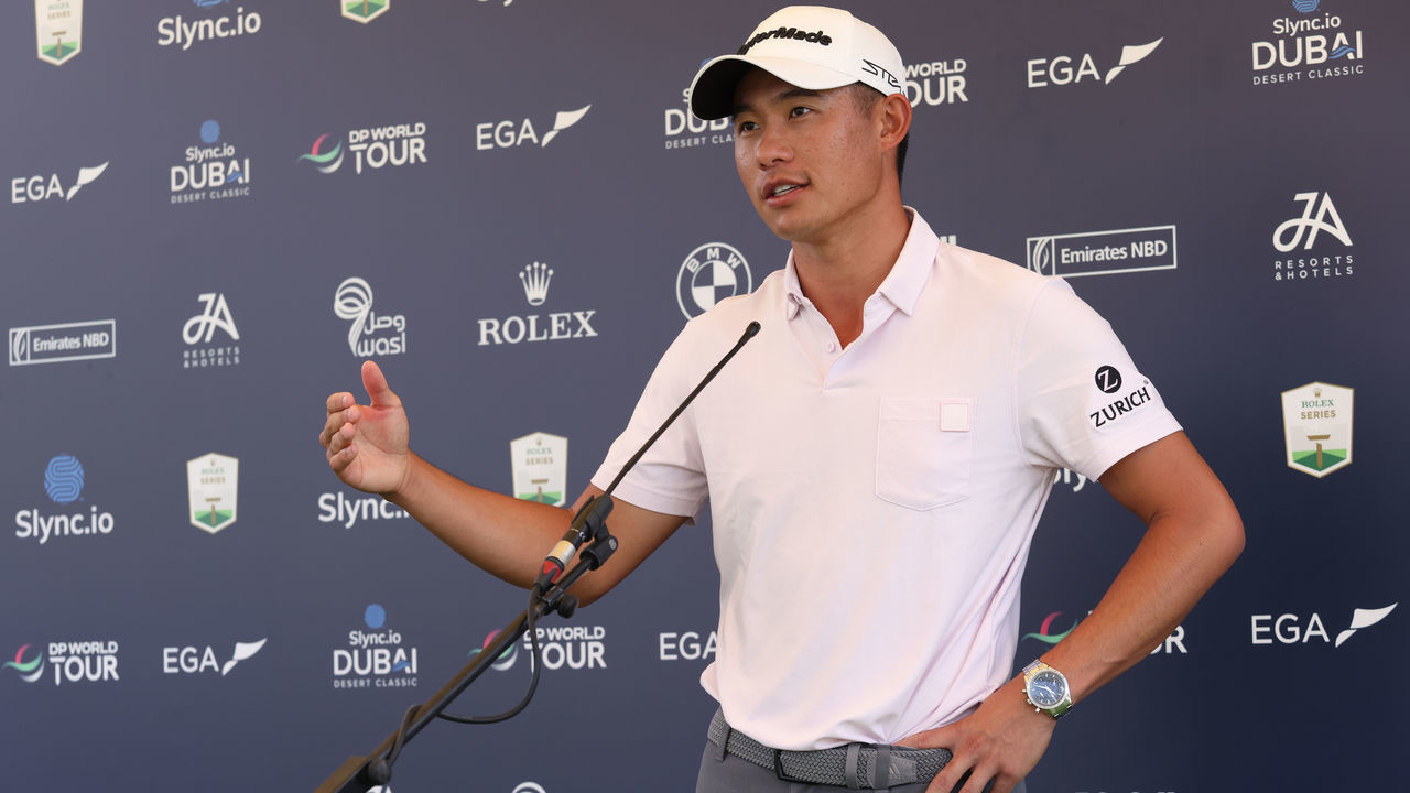 DUBAI, UNITED ARAB EMIRATES - JANUARY 25: Collin Morikawa of USA talks to the media during a practice round prior to the Slync.io Dubai Desert Classic at Emirates Golf Club on January 25, 2022 in Dubai, United Arab Emirates.