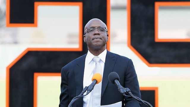 SAN FRANCISCO, CA - AUGUST 11: Former San Francisco Giants player Barry Bonds speaks at a ceremony to retire his #25 jersey at AT&T Park on August 11, 2018 in San Francisco, California.