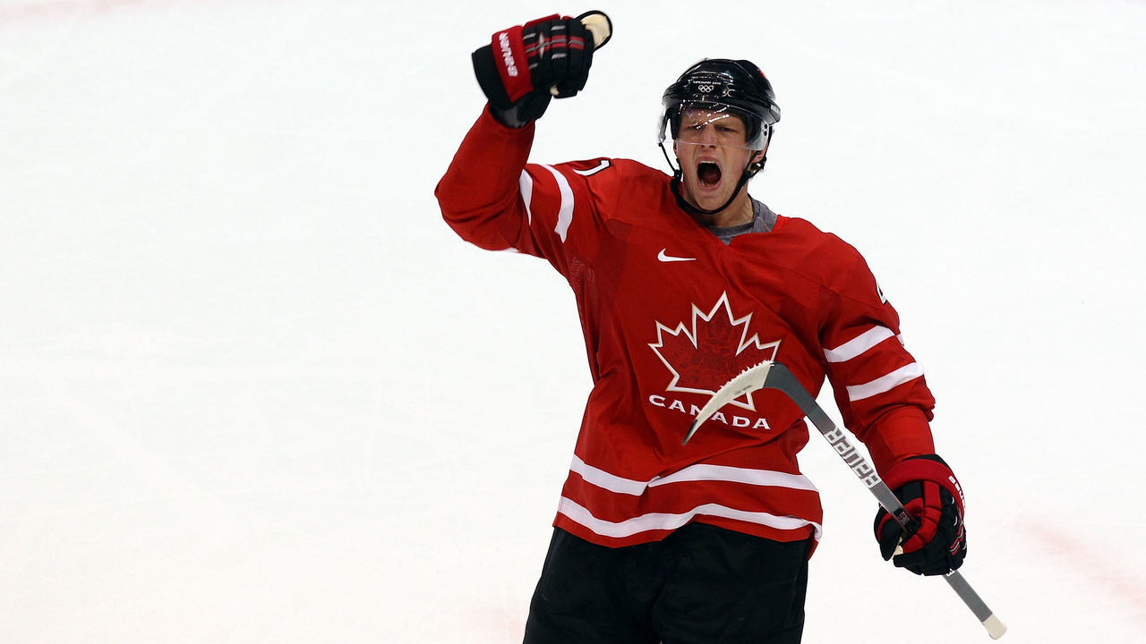 VANCOUVER, BC - FEBRUARY 21: Eric Staal #21 of Canada celebrates after he scored a first period goal during the ice hockey men's preliminary game between Canada and USA on day 10 of the Vancouver 2010 Winter Olympics at Canada Hockey Place on February 21, 2010 in Vancouver, Canada.