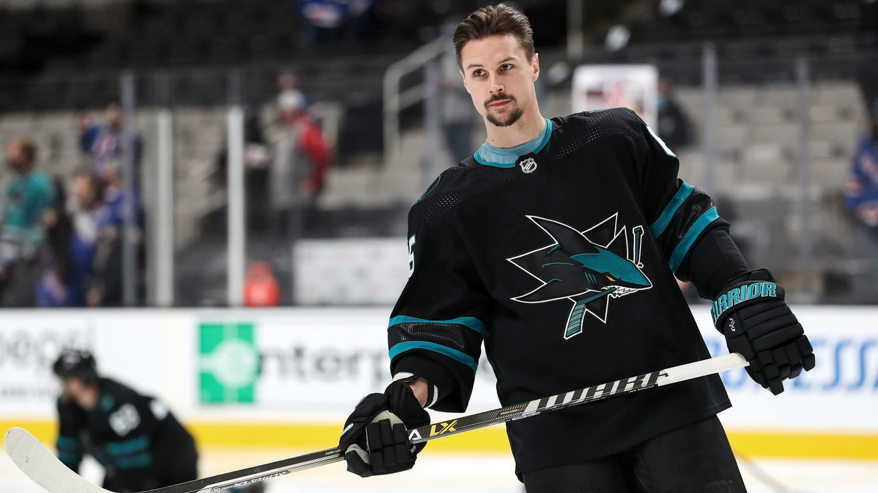 SAN JOSE, CA - JANUARY 13: Erik Karlsson #65 of the San Jose Sharks skates during warmups against the New York Rangers at SAP Center on January 13, 2022 in San Jose, California.