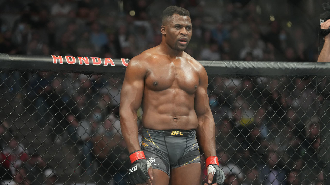 ANAHEIM, CA - JANUARY 22: Francis Ngannou prepares to fight Ciryl Gane in their Heavyweight championship fight during UFC 270 on January 22, 2022, at Honda Center in Anaheim, California.
