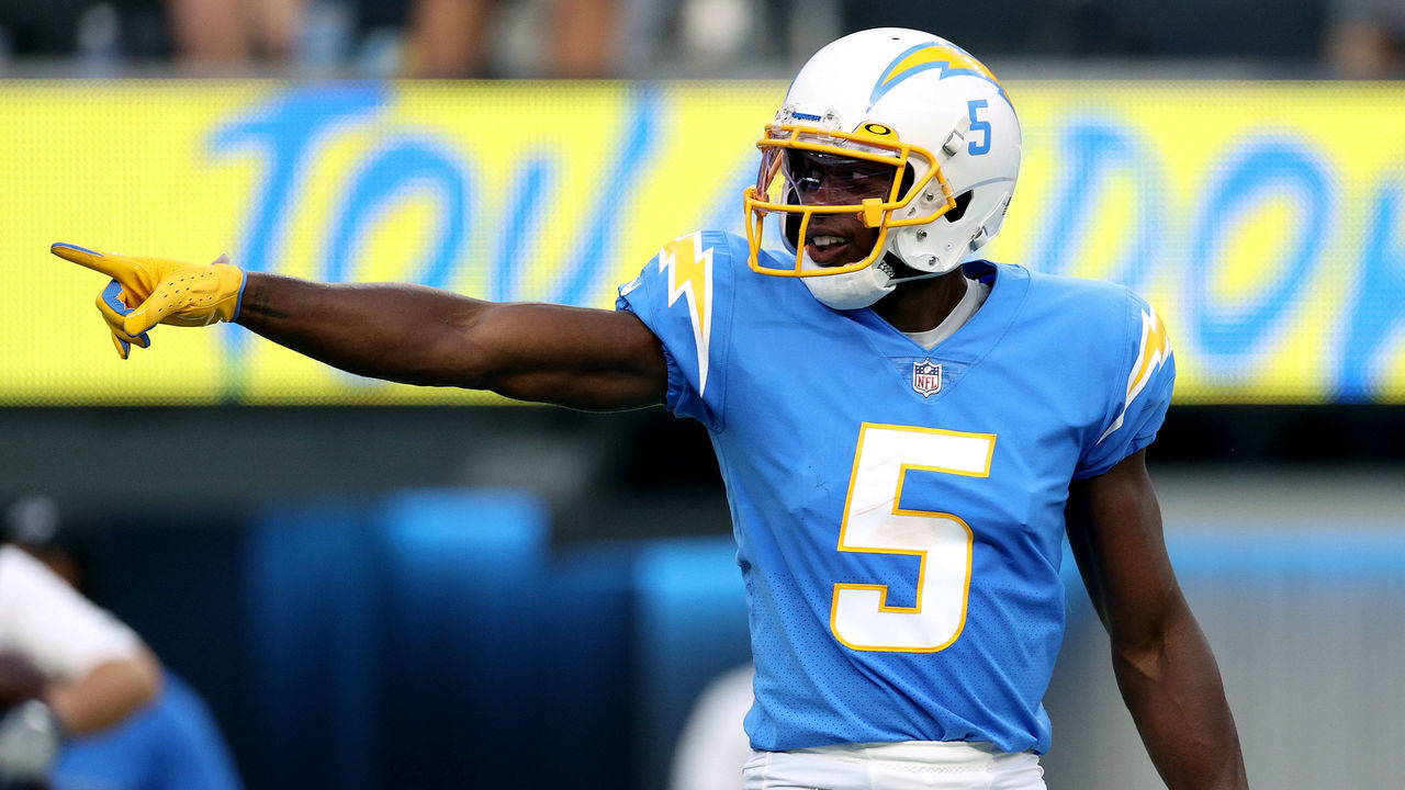 INGLEWOOD, CALIFORNIA - AUGUST 22: Josh Palmer #5 of the Los Angeles Chargers celebrates his touchdown to take a 7-2 lead during the first half of a preseason game between the Los Angeles Chargers and the San Francisco 49ers at SoFi Stadium on August 22, 2021 in Inglewood, California.