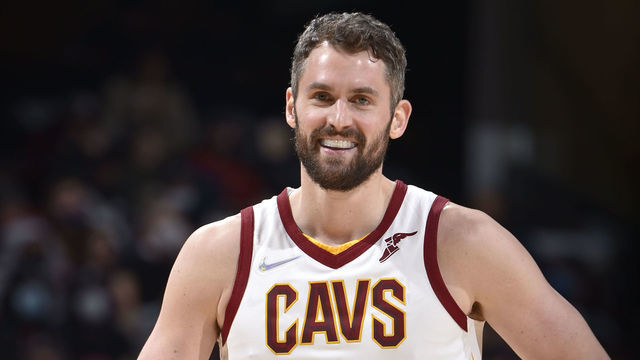 CLEVELAND, OH - JANUARY 24: Kevin Love #0 of the Cleveland Cavaliers smiles during the game against the New York Knicks on January 24, 2022 at Rocket Mortgage FieldHouse in Cleveland, Ohio. NOTE TO USER: User expressly acknowledges and agrees that, by downloading and/or using this Photograph, user is consenting to the terms and conditions of the Getty Images License Agreement. Mandatory Copyright Notice: Copyright 2022 NBAE