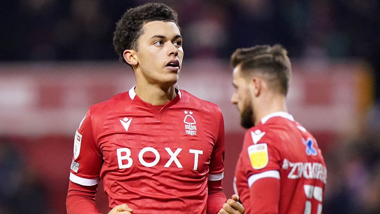 Nottingham Forest's Brennan Johnson celebrates scoring his teams third goal against Barnsley, during the Sky Bet Championship match at City Ground, Nottingham. Picture date: Tuesday January 25, 2022.