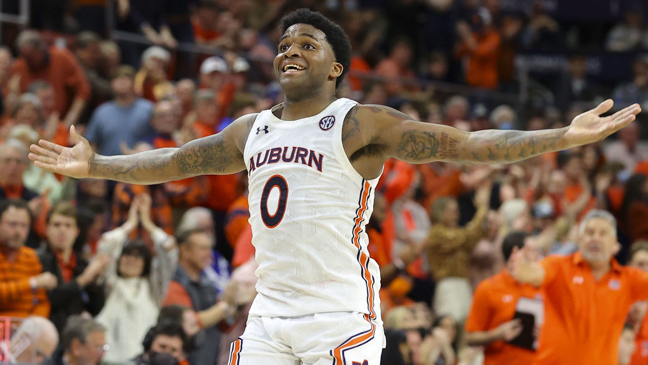 AUBURN, AL - JANUARY 22: K.D. Johnson #0 of the Auburn Tigers reacts during the second half against the Kentucky Wildcats at Auburn Arena on January 22, 2022 in Auburn, Alabama.
