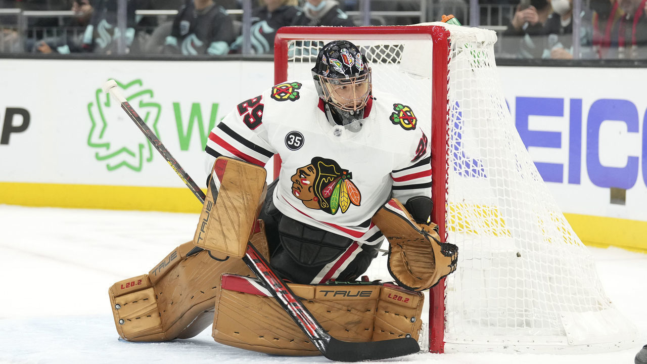 SEATTLE, WA - JANUARY 17: Chicago Blackhawks goaltender Marc-Andre Fleury (29) tracks the puck during an NHL game between the Chicago Blackhawks and Seattle Kraken on January 17, 2022 at Climate Pledge Arena in Seattle, WA.