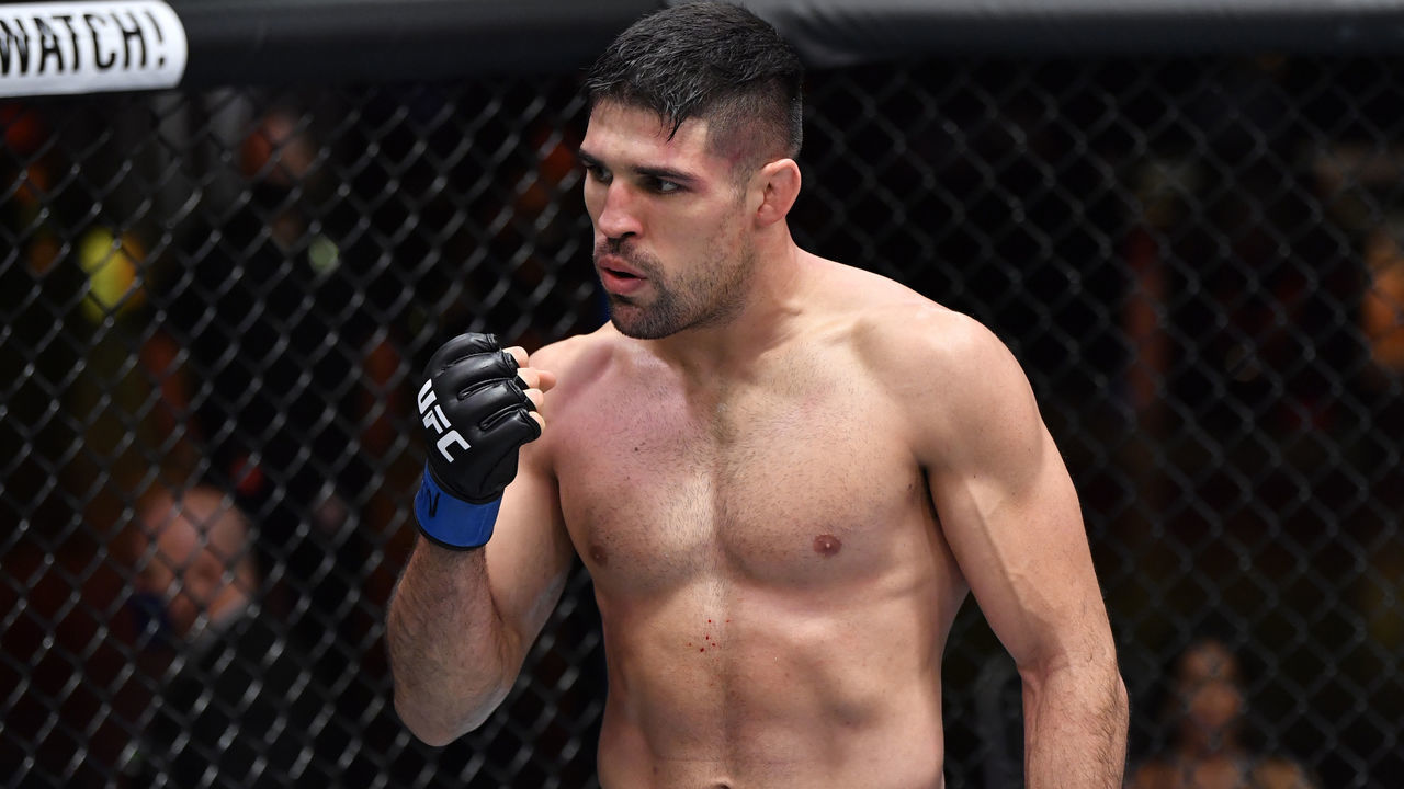 LAS VEGAS, NEVADA - MARCH 27: Vicente Luque reacts after his victory over Tyron Woodley in their welterweight fight during the UFC 260 event at UFC APEX on March 27, 2021 in Las Vegas, Nevada.