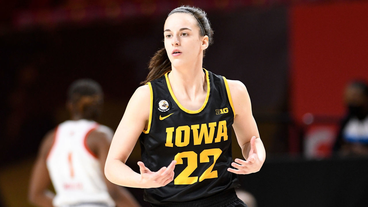COLLEGE PARK, MD - FEBRUARY 23: Caitlin Clark #22 of the Iowa Hawkeyes reacts to a call during the game against the Maryland Terrapins at Xfinity Center on February 23, 2021 in College Park, Maryland.