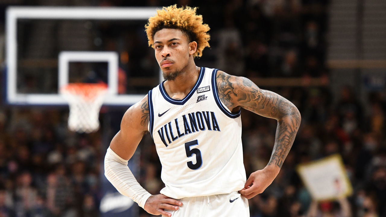 VILLANOVA, PENNSYLVANIA - JANUARY 25: Justin Moore #5 of the Villanova Wildcats looks on in the second half during a college basketball game against the DePaul Blue Demons at the Finnegan Pavilion on January 25, 2022 in Villanova, Pennsylvania.