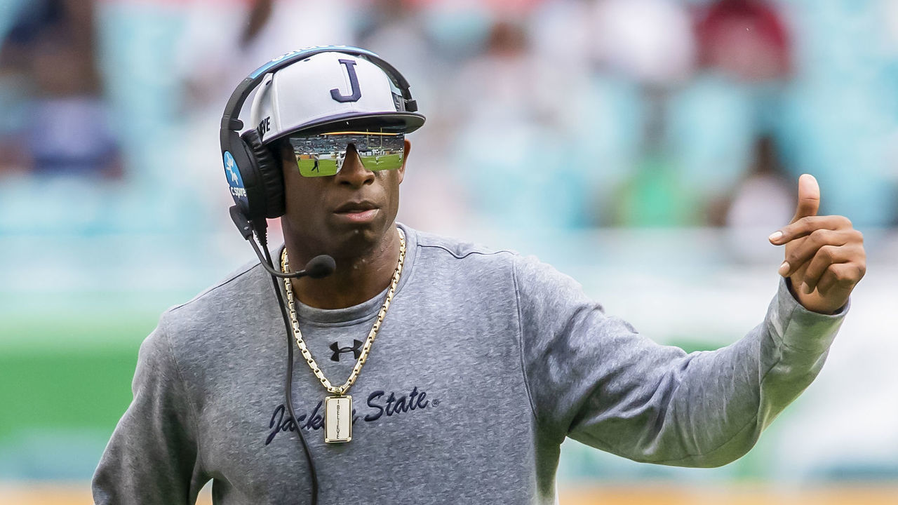 MIAMI GARDENS, FL - SEPTEMBER 05: Jackson State Tigers head coach Deion Sanders directs his players during the Orange Blossom Classic game between the Florida A&M Rattlers and the Jackson State Tigers on Sunday September 5th, 2021 at Hard Rock Stadium in Miami Gardens, FL.