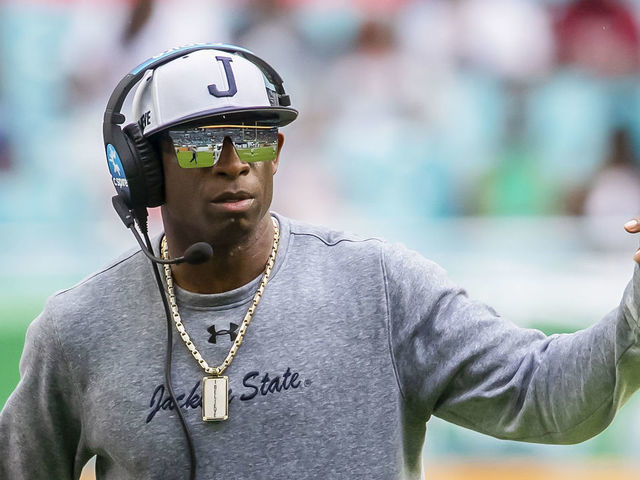 MIAMI GARDENS, FL - SEPTEMBER 05: Jackson State Tigers head coach Deion Sanders directs his players during the Orange Blossom Classic game between the Florida A&M Rattlers and the Jackson State Tigers on Sunday September 5th, 2021 at Hard Rock Stadium in Miami Gardens, FL.