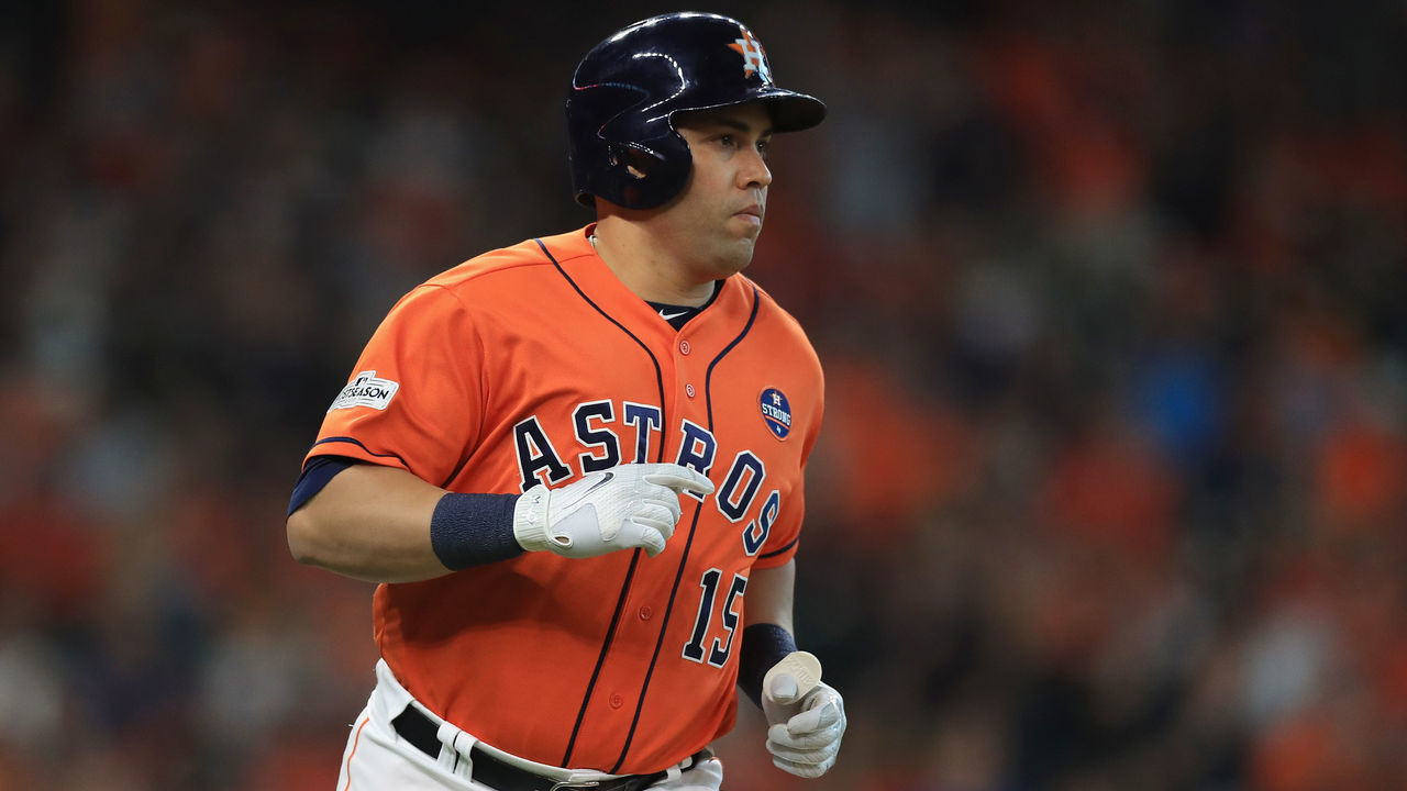 HOUSTON, TX - OCTOBER 06: Carlos Beltran #15 of the Houston Astros runs after hitting a single in the eighth inning against the Boston Red Sox during game two of the American League Division Series at Minute Maid Park on October 6, 2017 in Houston, Texas.