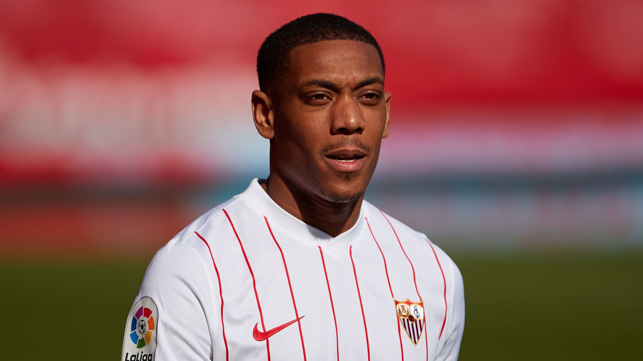 SEVILLE, SPAIN - JANUARY 26: Anthony Martial is presented as new Sevilla FC player at Estadio Ramon Sanchez Pizjuan on January 26, 2022 in Seville, Spain.
