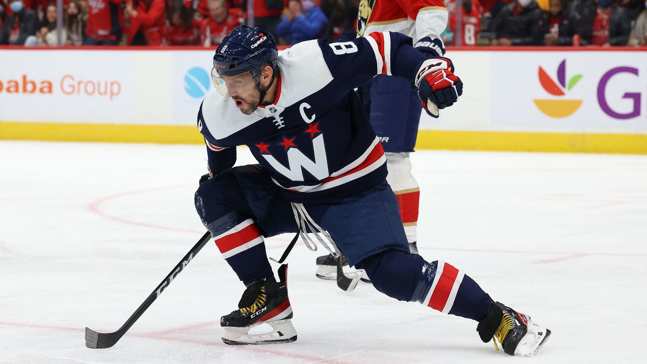 WASHINGTON, DC - NOVEMBER 26: Alex Ovechkin #8 of the Washington Capitals celebrates a hat-trick goal during a game against the Florida Panthers at Capital One Arena on November 26, 2021 in Washington, D.C.