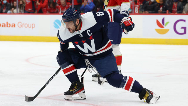 WASHINGTON, DC - NOVEMBER 26: Alex Ovechkin #8 of the Washington Capitals celebrates a hat-trick goal during a game against the Florida Panthers at Capital One Arena on November 26, 2021 in Washington, D.C.