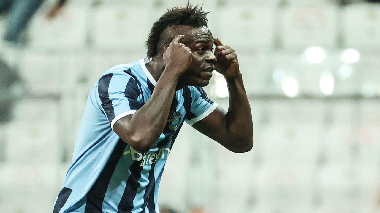 ISTANBUL, TURKEY - SEPTEMBER 21: Mario Balotelli of Adana Demirspor reacts during Turkish Super Lig week 6 match between Besiktas and Adana Demirspor at Vodafone Park in Istanbul, Turkey on September 21, 2021.