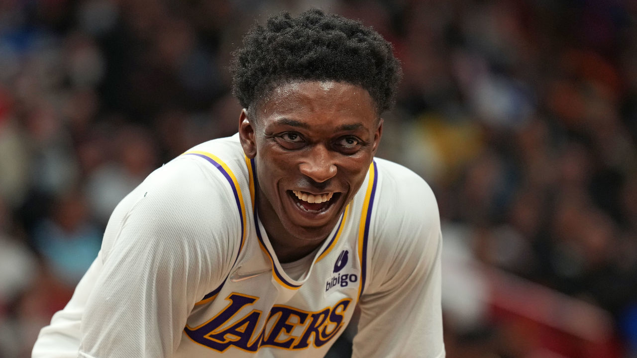 MIAMI, FL - JANUARY 23: Stanley Johnson #14 of the Los Angeles Lakers smiles during a game against the Miami Heat on January 23, 2022 at The FTX Arena in Miami, Florida. NOTE TO USER: User expressly acknowledges and agrees that, by downloading and/or using this Photograph, user is consenting to the terms and conditions of the Getty Images License Agreement. Mandatory Copyright Notice: Copyright 2022 NBAE