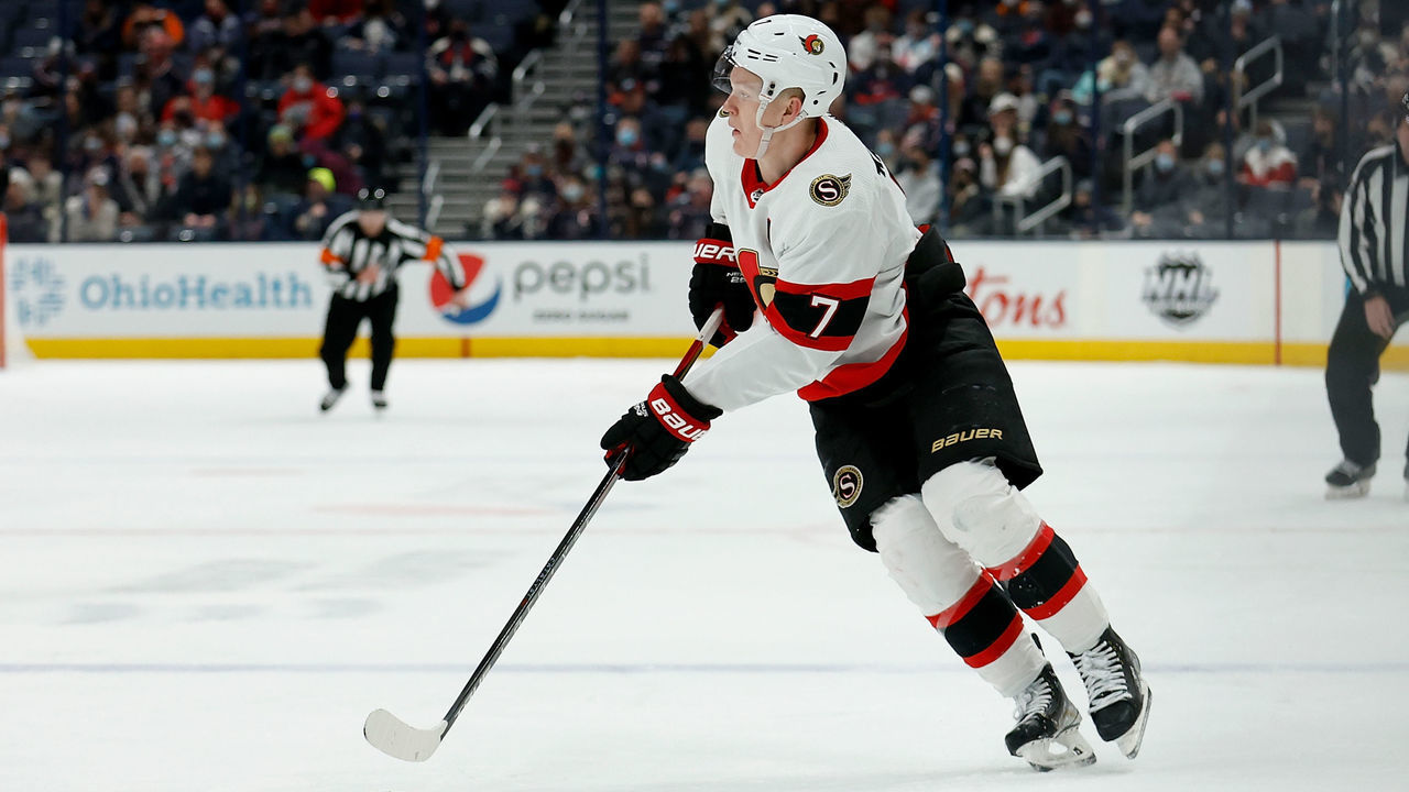 COLUMBUS, OH - JANUARY 23: Brady Tkachuk #7 of the Ottawa Senators skates after the puck during the game against the Columbus Blue Jackets at Nationwide Arena on January 23, 2022 in Columbus, Ohio. Ottawa defeated Columbus 2-1.