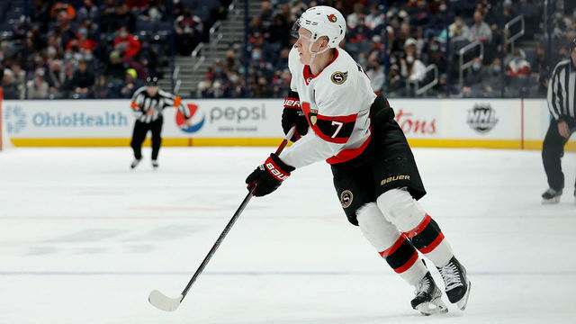 COLUMBUS, OH - JANUARY 23: Brady Tkachuk #7 of the Ottawa Senators skates after the puck during the game against the Columbus Blue Jackets at Nationwide Arena on January 23, 2022 in Columbus, Ohio. Ottawa defeated Columbus 2-1.