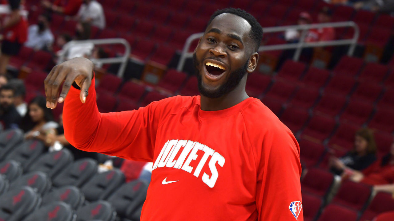 HOUSTON, TX - OCTOBER 22 : Usman Garuba #16 of the Houston Rockets smiles prior to a game against the Oklahoma City Thunder on October 22, 2021 at the Toyota Center in Houston, Texas. Mandatory Copyright Notice: Copyright 2021 NBAE