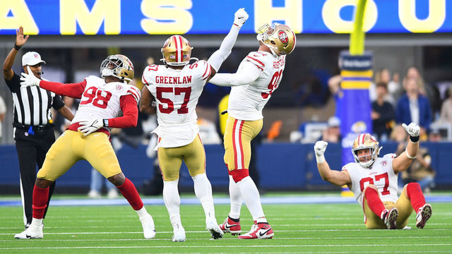 INGLEWOOD, CA - JANUARY 09: San Francisco 49ers Defensive End Arden Key (98), San Francisco 49ers Linebacker Dre Greenlaw (57), San Francisco 49ers Defensive Tackle Arik Armstead (91) and San Francisco 49ers Defensive End Nick Bosa (97) celebrate during the NFL game between the San Francisco 49ers and the Los Angeles Rams on January 9, 2022, at SoFi Stadium in Inglewood, CA.