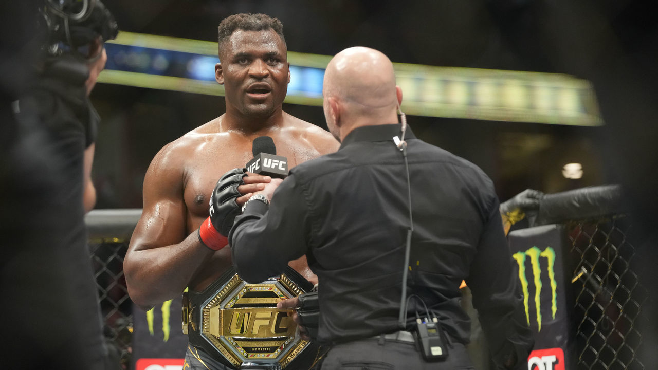 ANAHEIM, CA - JANUARY 22: Francis Ngannou celebrates his victory over Ciryl Gane in their Heavyweight championship fight during UFC 270 on January 22, 2022, at Honda Center in Anaheim, California.