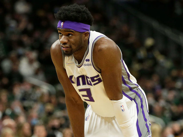 MILWAUKEE, WISCONSIN - JANUARY 22: Terence Davis #3 of the Sacramento Kings takes a break during the second half of the game against the Milwaukee Bucks at Fiserv Forum on January 22, 2022 in Milwaukee, Wisconsin. Bucks defeated the Kings 133-127.