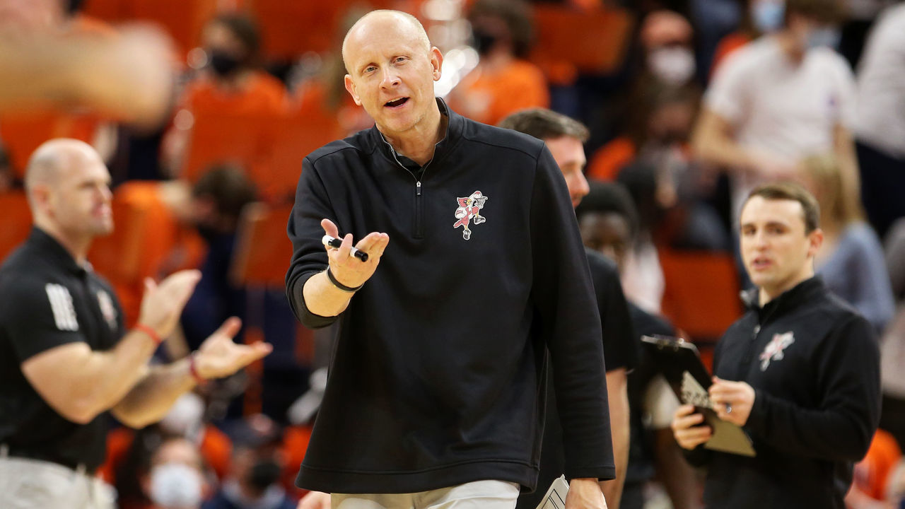 CHARLOTTESVILLE, VA - JANUARY 24: Head coach Chris Mack of the Louisville Cardinals reacts to a play in the first half during a game against the Virginia Cavaliers at John Paul Jones Arena on January 24, 2022 in Charlottesville, Virginia.