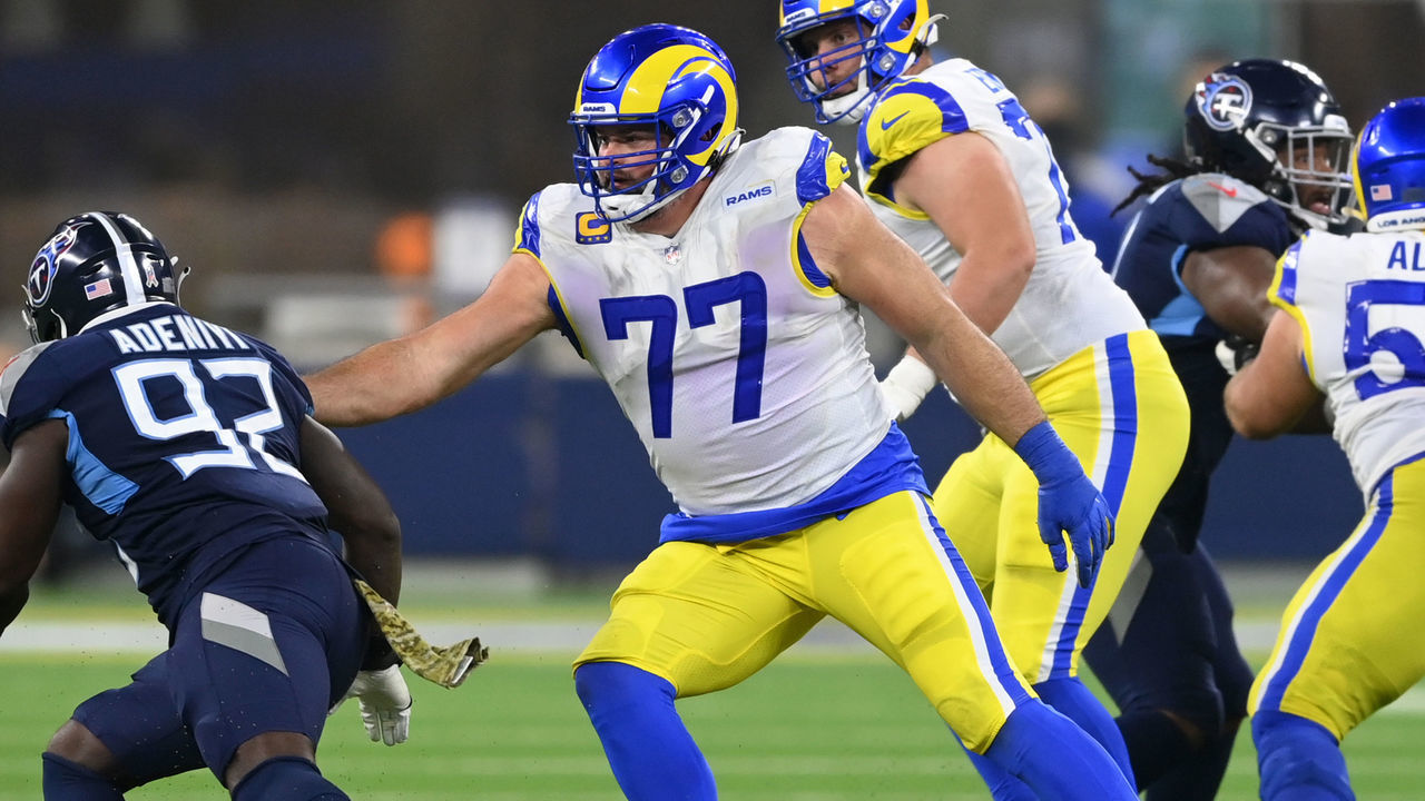 INGLEWOOD, CA - NOVEMBER 07: Andrew Whitworth #77 of the Los Angeles Rams sets a block during the game against the Tennessee Titans at SoFi Stadium on November 7, 2021 in Inglewood, California.