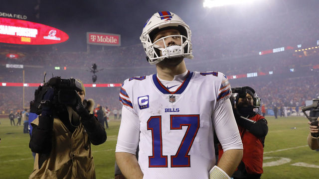 KANSAS CITY, MISSOURI - JANUARY 23: Josh Allen #17 of the Buffalo Bills walks off the field after being defeated by the Kansas City Chiefs in the AFC Divisional Playoff game at Arrowhead Stadium on January 23, 2022 in Kansas City, Missouri.