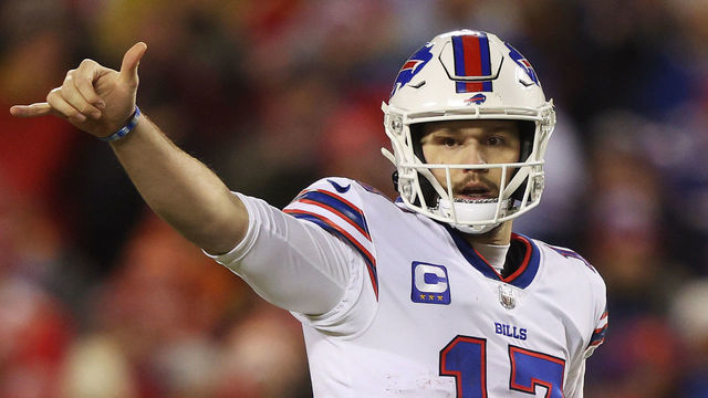 KANSAS CITY, MISSOURI - JANUARY 23: Josh Allen #17 of the Buffalo Bills calls a play during the game against the Kansas City Chiefs in the AFC Divisional Playoff game at Arrowhead Stadium on January 23, 2022 in Kansas City, Missouri.