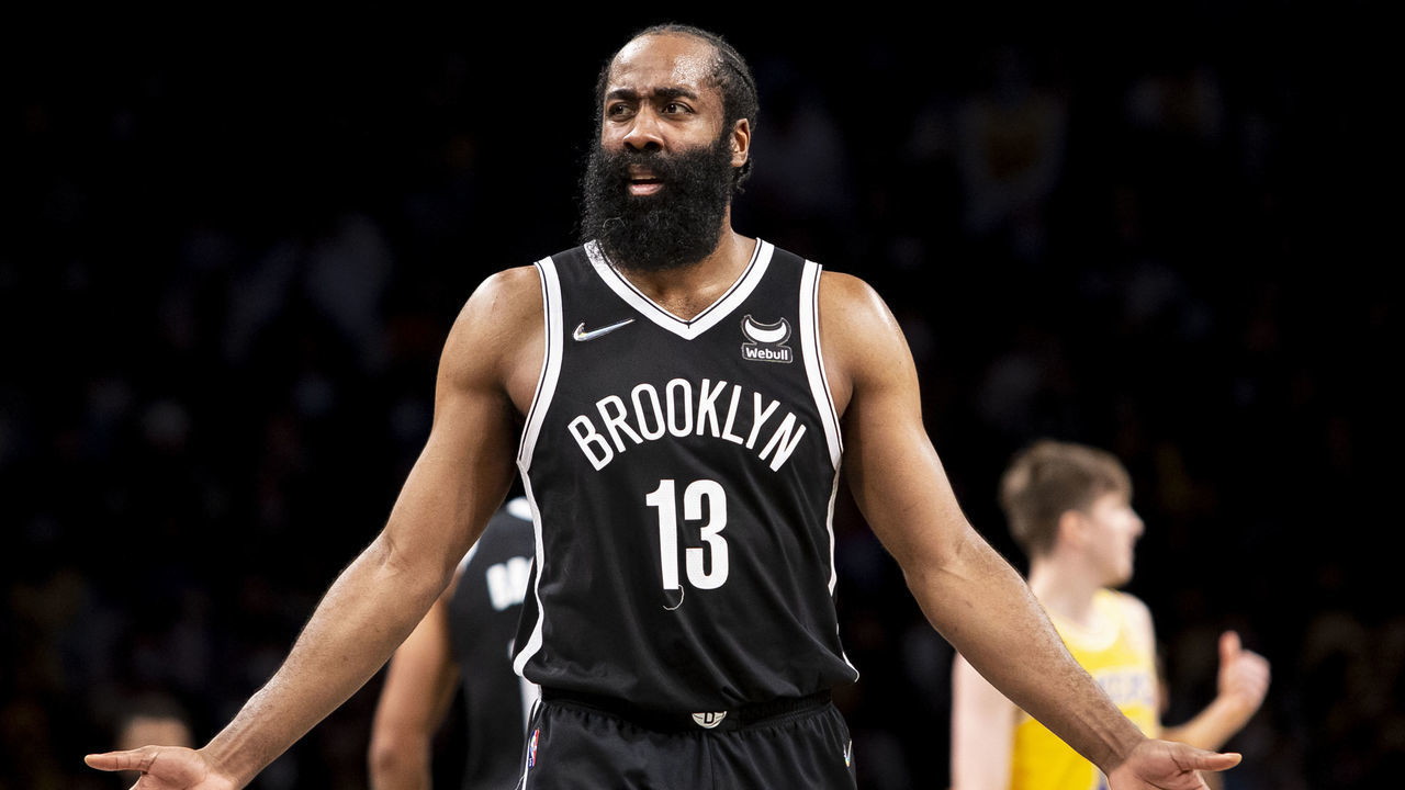 NEW YORK, NEW YORK - JANUARY 25: James Harden #13 of the Brooklyn Nets reacts during game against the Los Angeles Lakers at Barclays Center on January 25, 2022 in the Brooklyn borough of New York City.