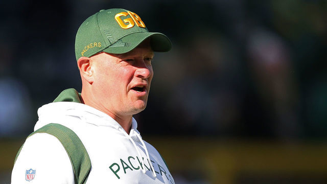 GREEN BAY, WISCONSIN - OCTOBER 24: Offensive coordinator Nathaniel Hackett of the Green Bay Packers watches action prior to a game against the Washington Football Team at Lambeau Field on October 24, 2021 in Green Bay, Wisconsin.