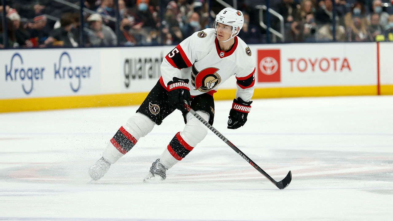 COLUMBUS, OH - JANUARY 23: Nick Holden #5 of the Ottawa Senators skates after the puck during the game against the Columbus Blue Jackets at Nationwide Arena on January 23, 2022 in Columbus, Ohio.
