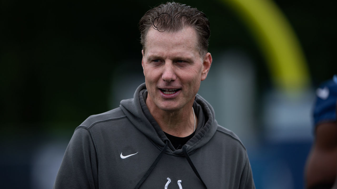 WESTFIELD, IN - JULY 31: Indianapolis Colts defensive coordinator Matt Eberflus watches a drill during the Indianapolis Colts training camp practice on July 31, 2021 at Grand Park Sports Complex in Westfield, IN.