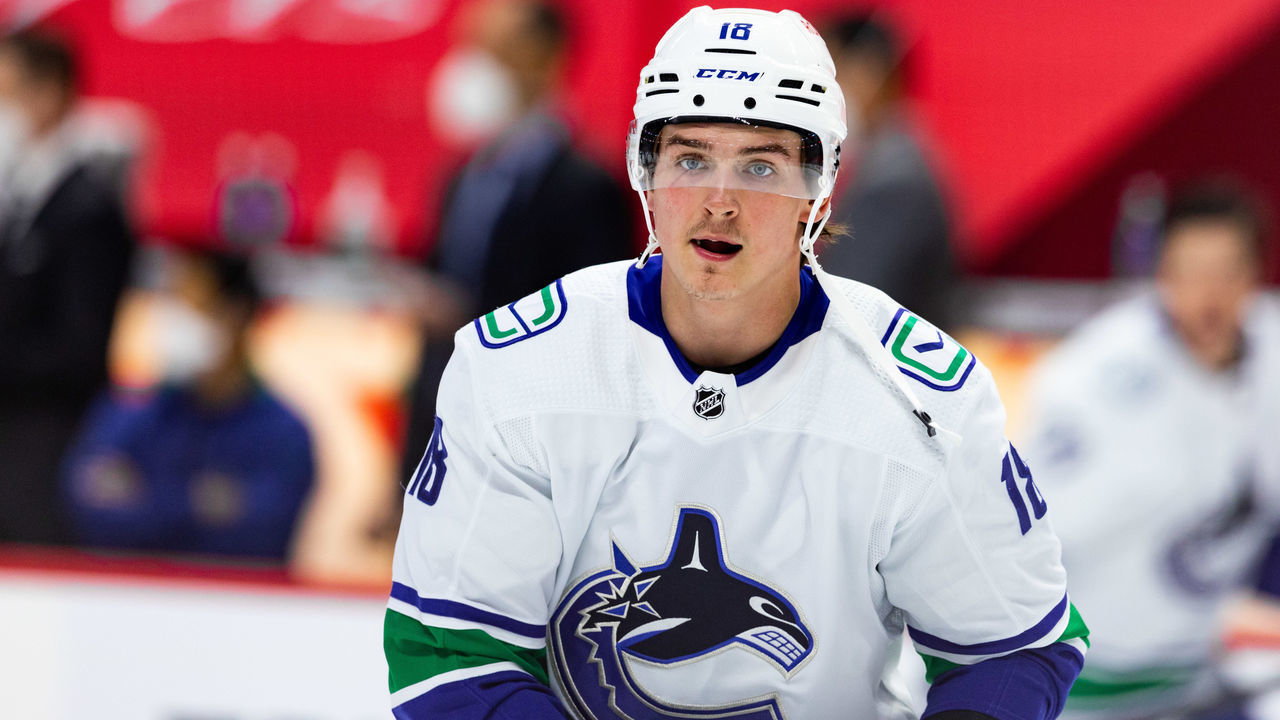 OTTAWA, ON - APRIL 28: Vancouver Canucks Right Wing Jake Virtanen (18) during warm-up before National Hockey League action between the Vancouver Canucks and Ottawa Senators on April 28, 2021, at Canadian Tire Centre in Ottawa, ON, Canada.